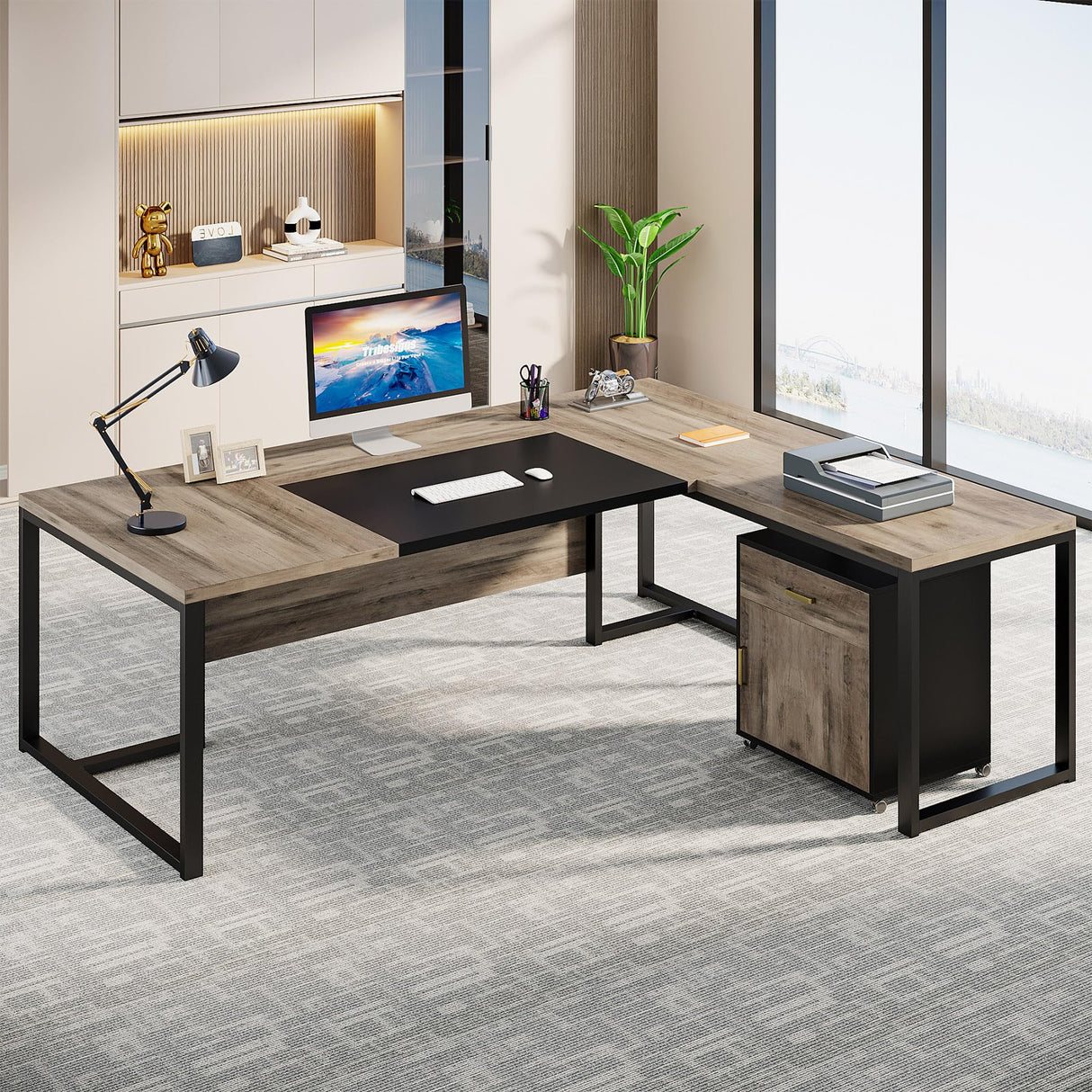 70.8-Inch Executive Desk with Mobile File Cabinet, Large L Shaped Computer Desk