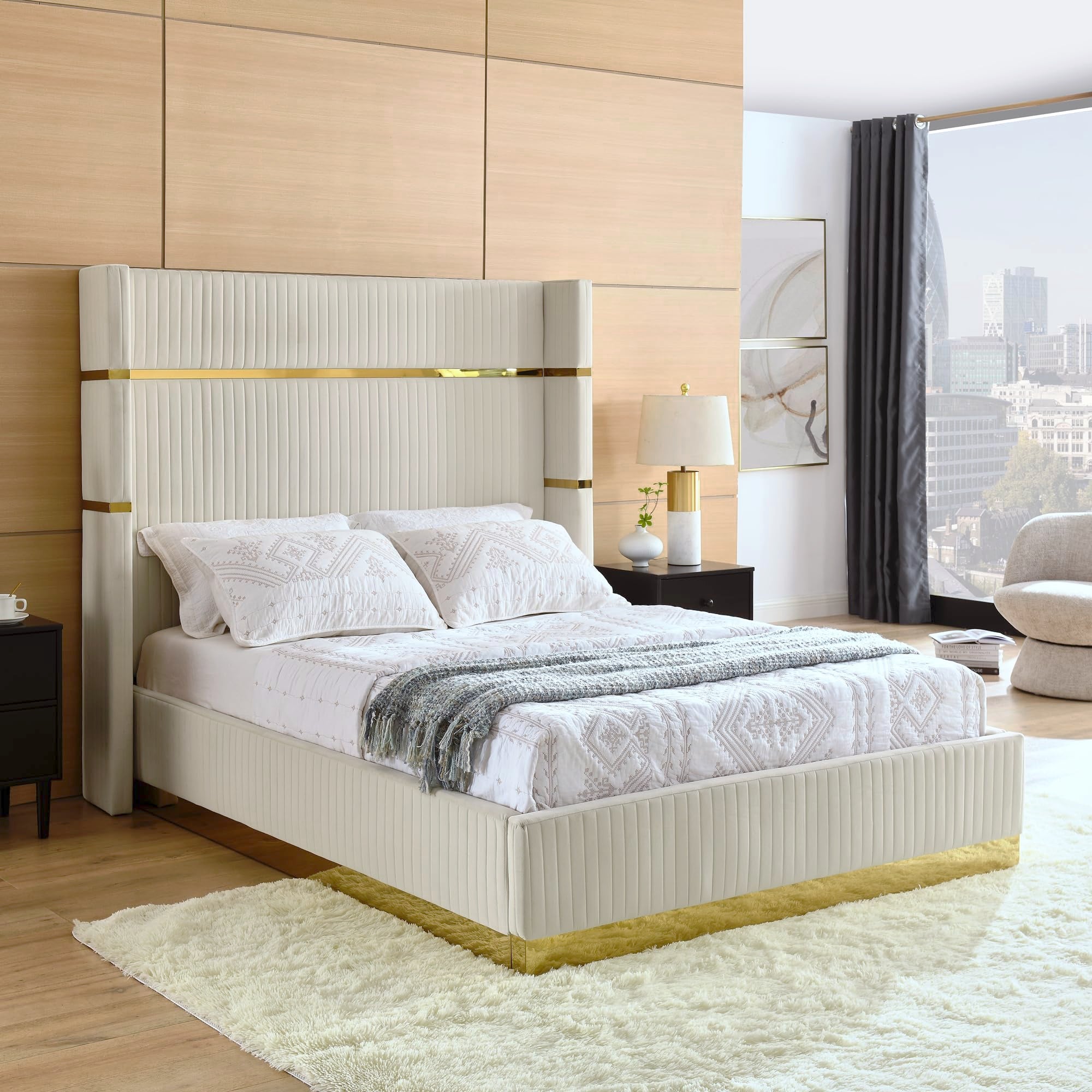 Queen Size Tall Wingback Headboard Bed Frame
