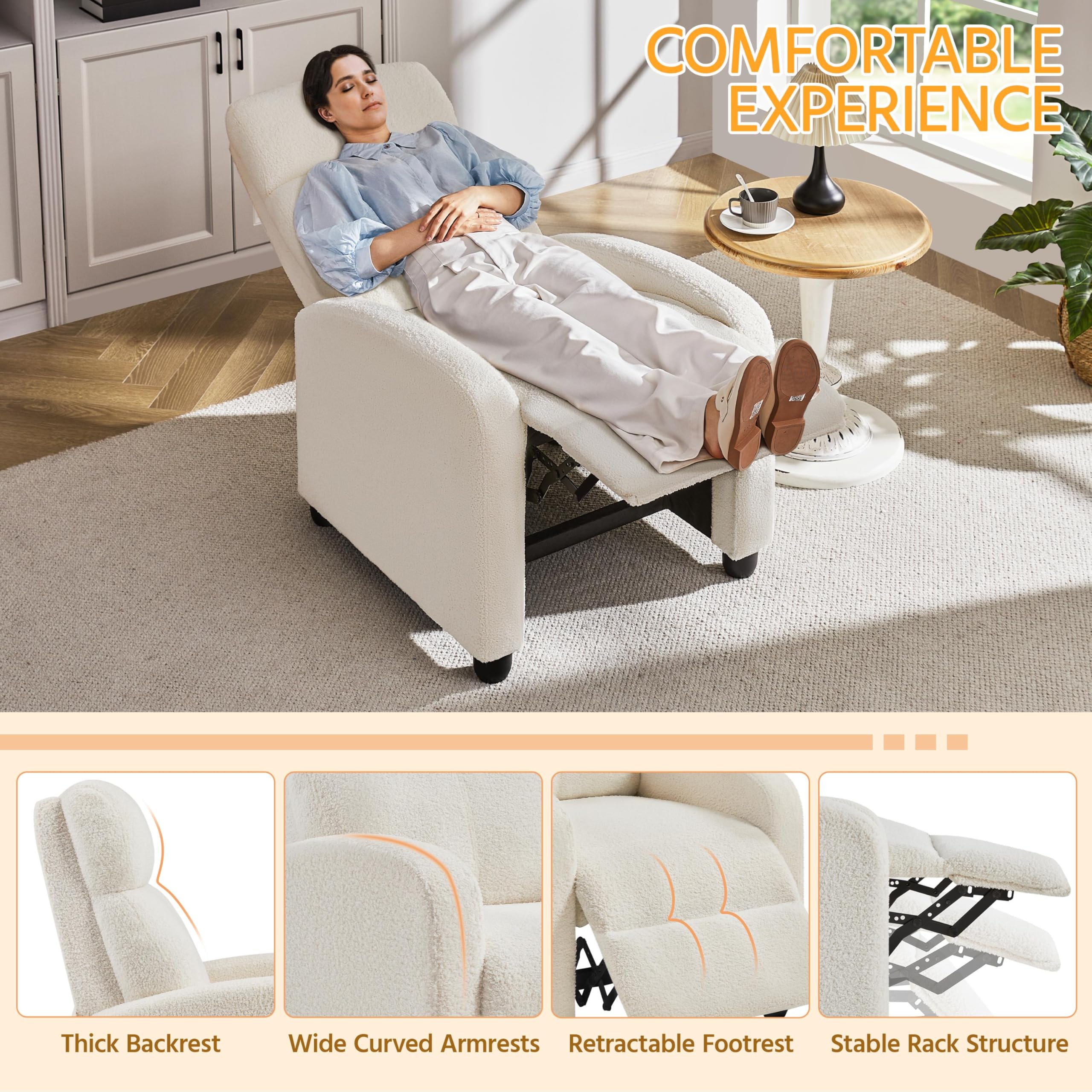 CloudNest Ivory Boucle Recliner Chair with Pocket Spring Support