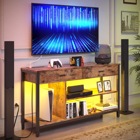 TV Stand LED Lights, Entertainment Center with Power Outlet for 55 Inch TV, Industrial