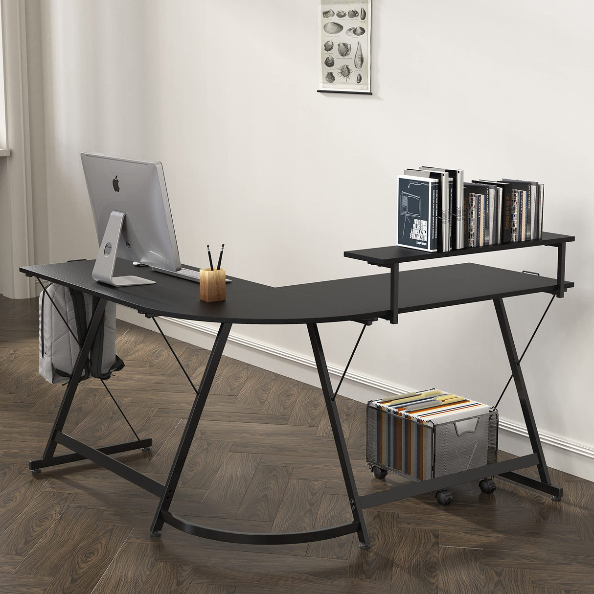 Vista L-Shape Desk with Monitor Stand, Black