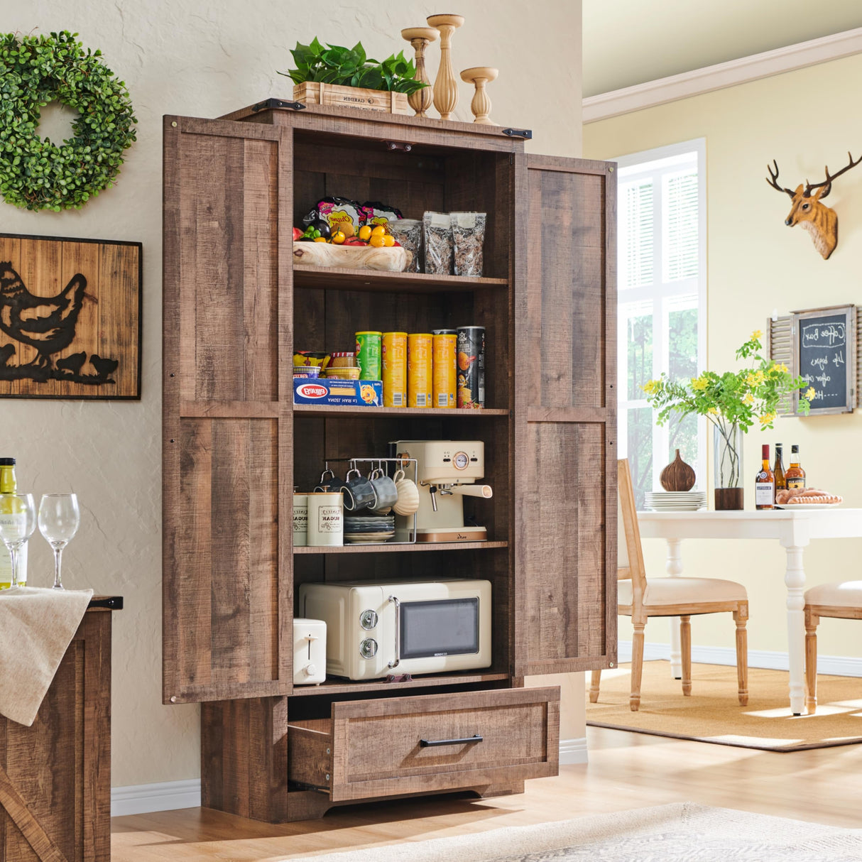 JXQTLINGMU Farmhouse Kitchen Pantry Cabinet - 72" Tall Wood Kitchen Storage Cabinets with Adjustable Shelves & 2 Barn Doors & Drawer, Versatile Storage for Dining Room, Bathroom, Rustic Brown