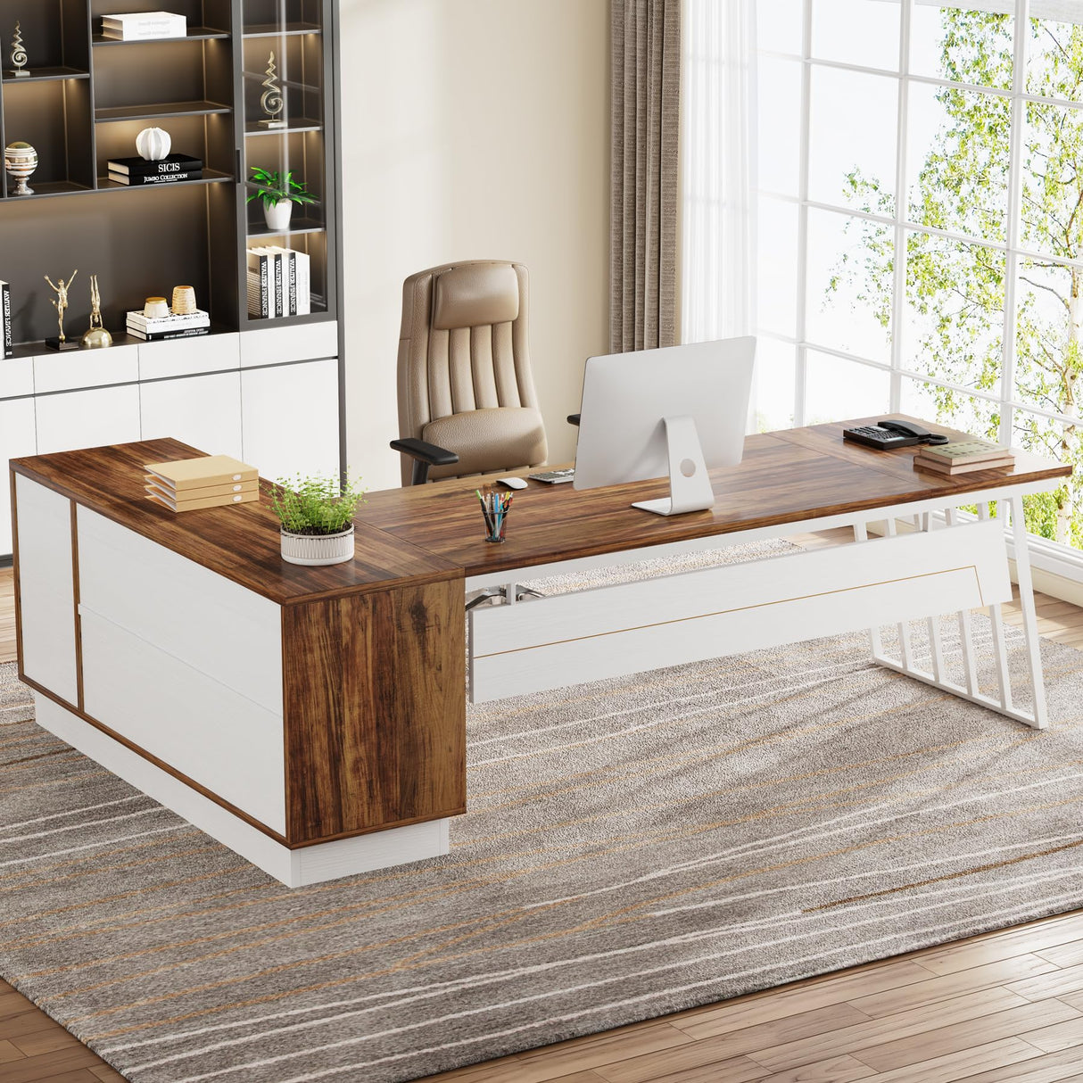 71-Inch Executive Desk, L-Shaped Desk with Cabinet, Large Office Desk with Drawers