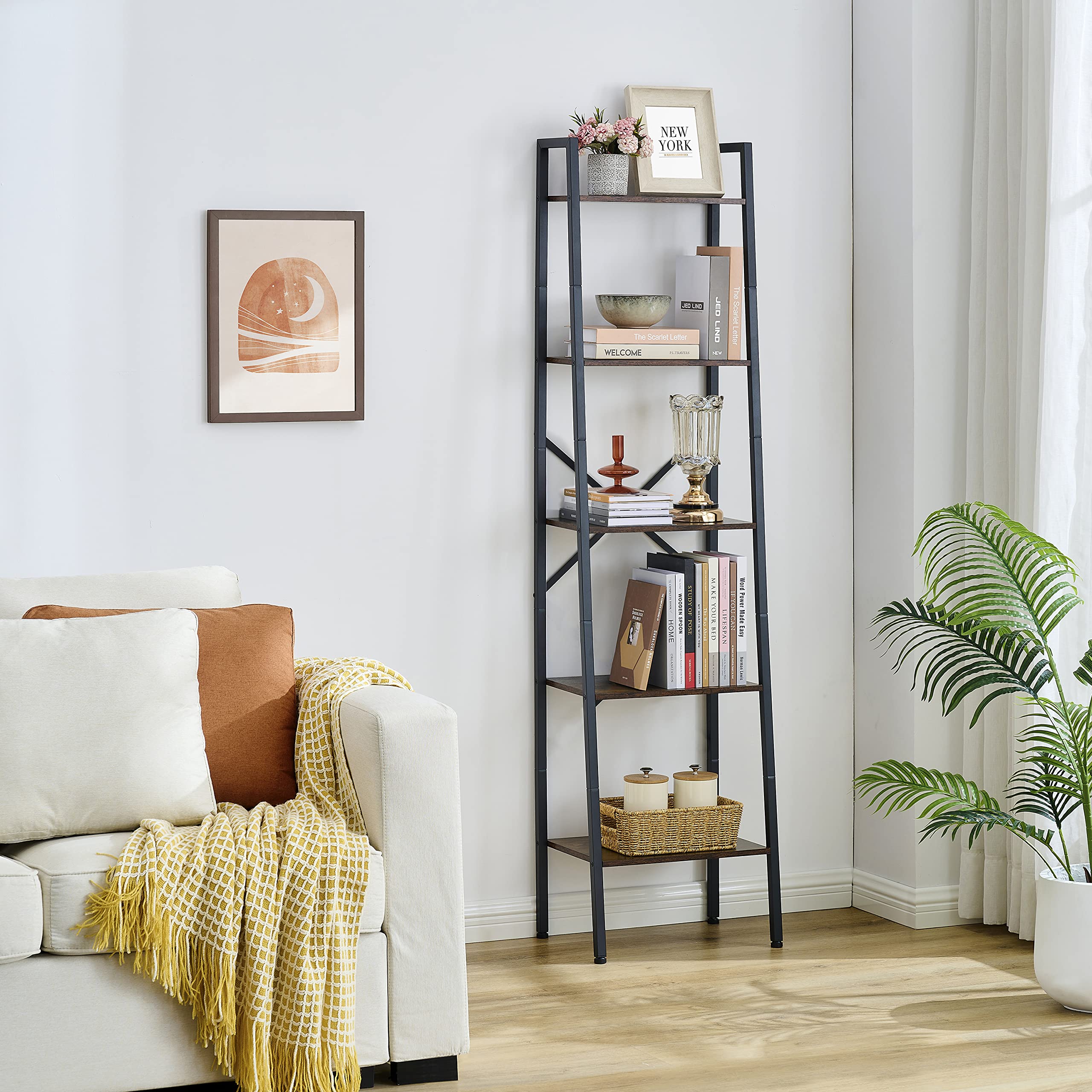 Industrial Ladder Bookshelf, Multifunctional Ladder Shelf