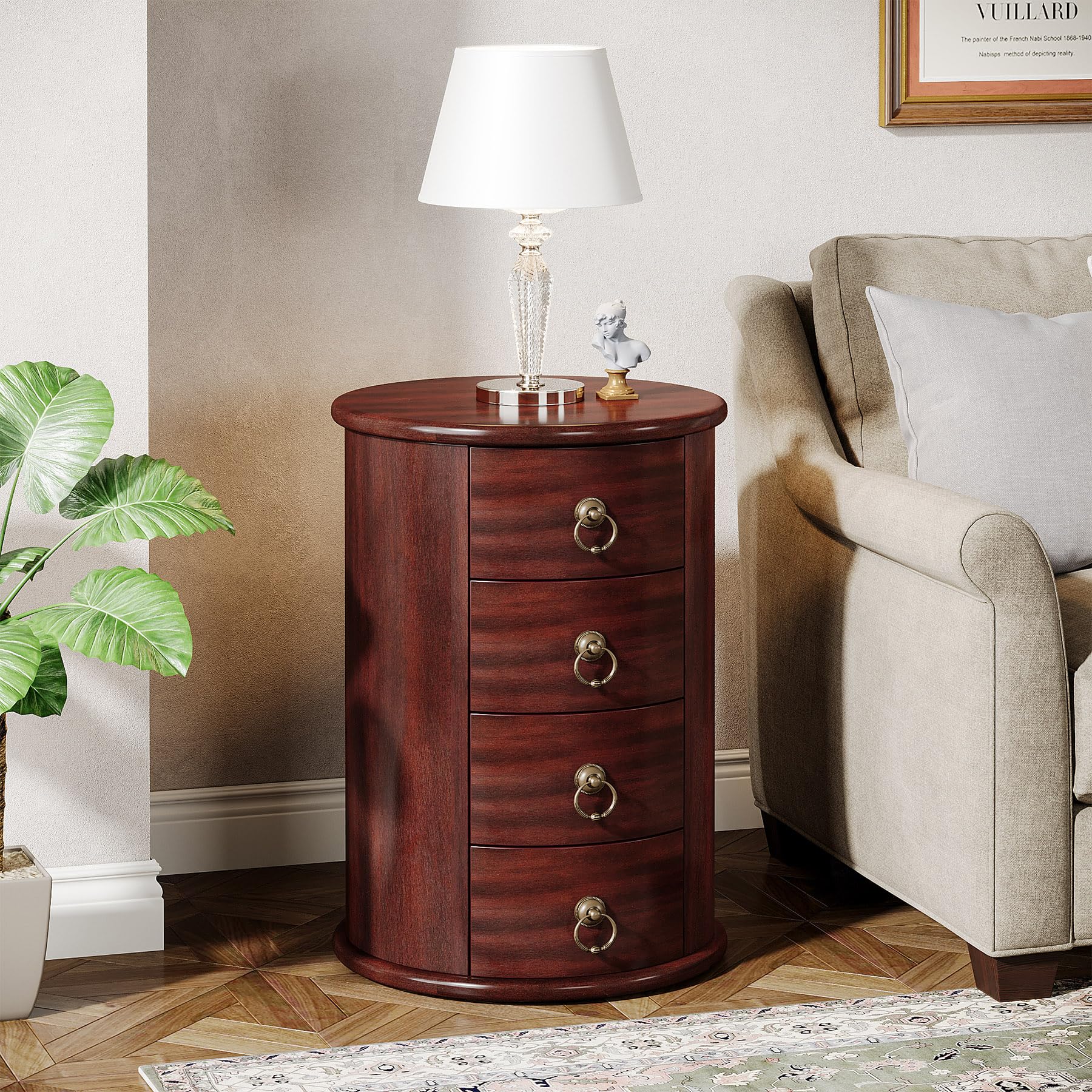 Solid Wood End Table, Round Side Table with 4 Drawers, Vintage Bedside Table
