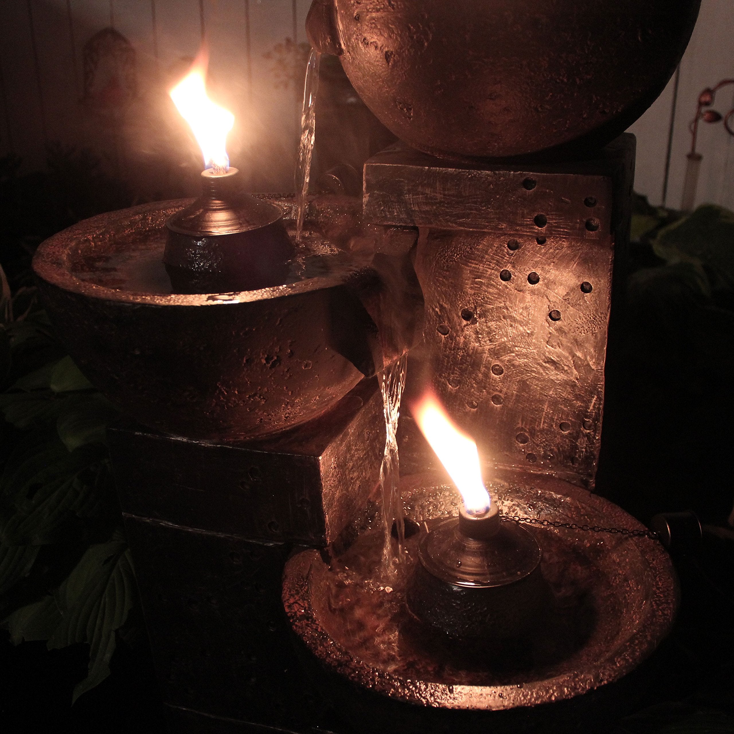 Sunnydaze Burning Bowls 34-Inch 3-Tier Outdoor Water Fountain and Fire Feature - 3 Torches - Electric Submersible Pump