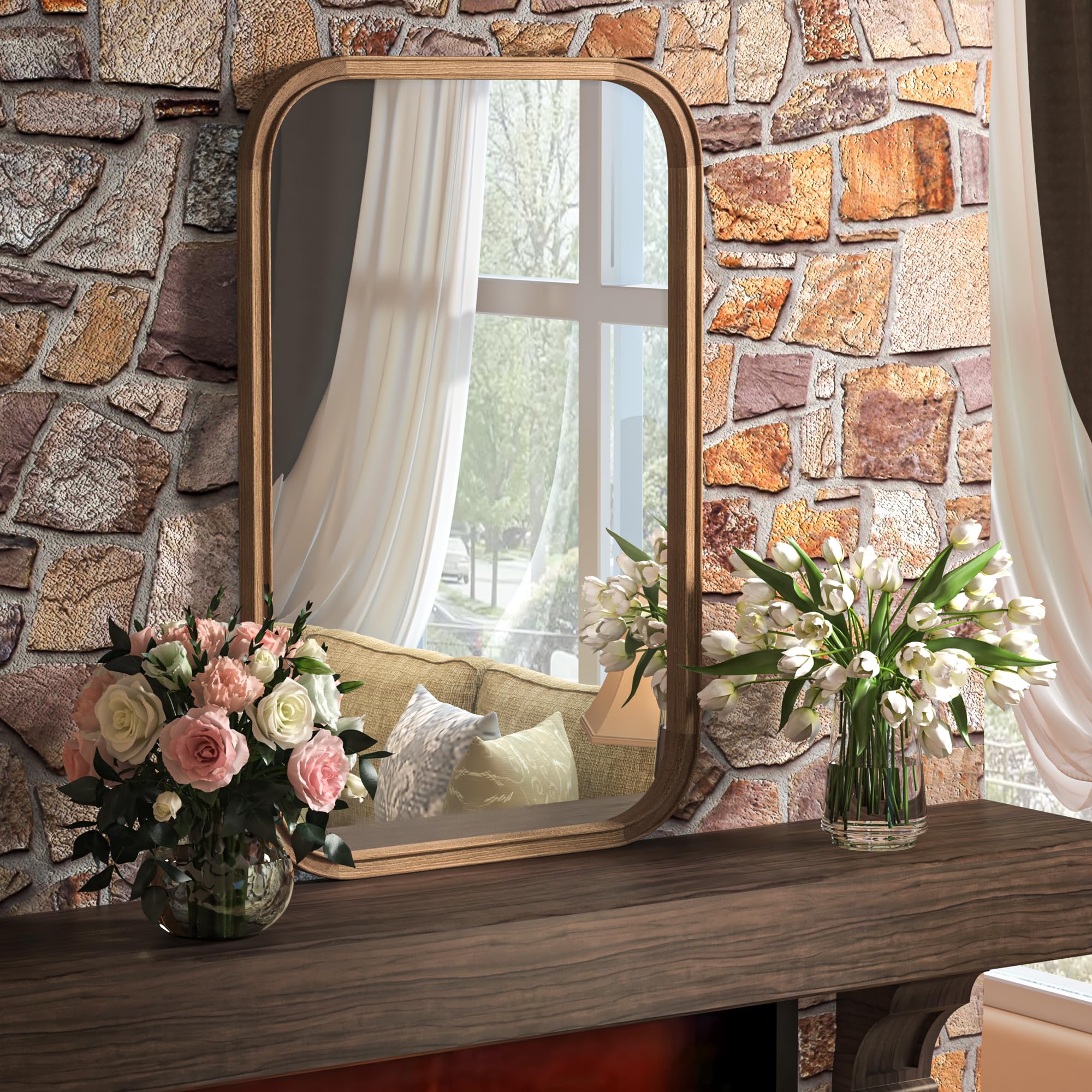 Acovy 24"x36" Solid Wood Bathroom Mirror Tempered Glass for Wall Mounted, Rustic Wood Frame Wall Mirror Decorative for Decor Living Room Bedroom Vanity Mirror Entryway Mirror, Brown