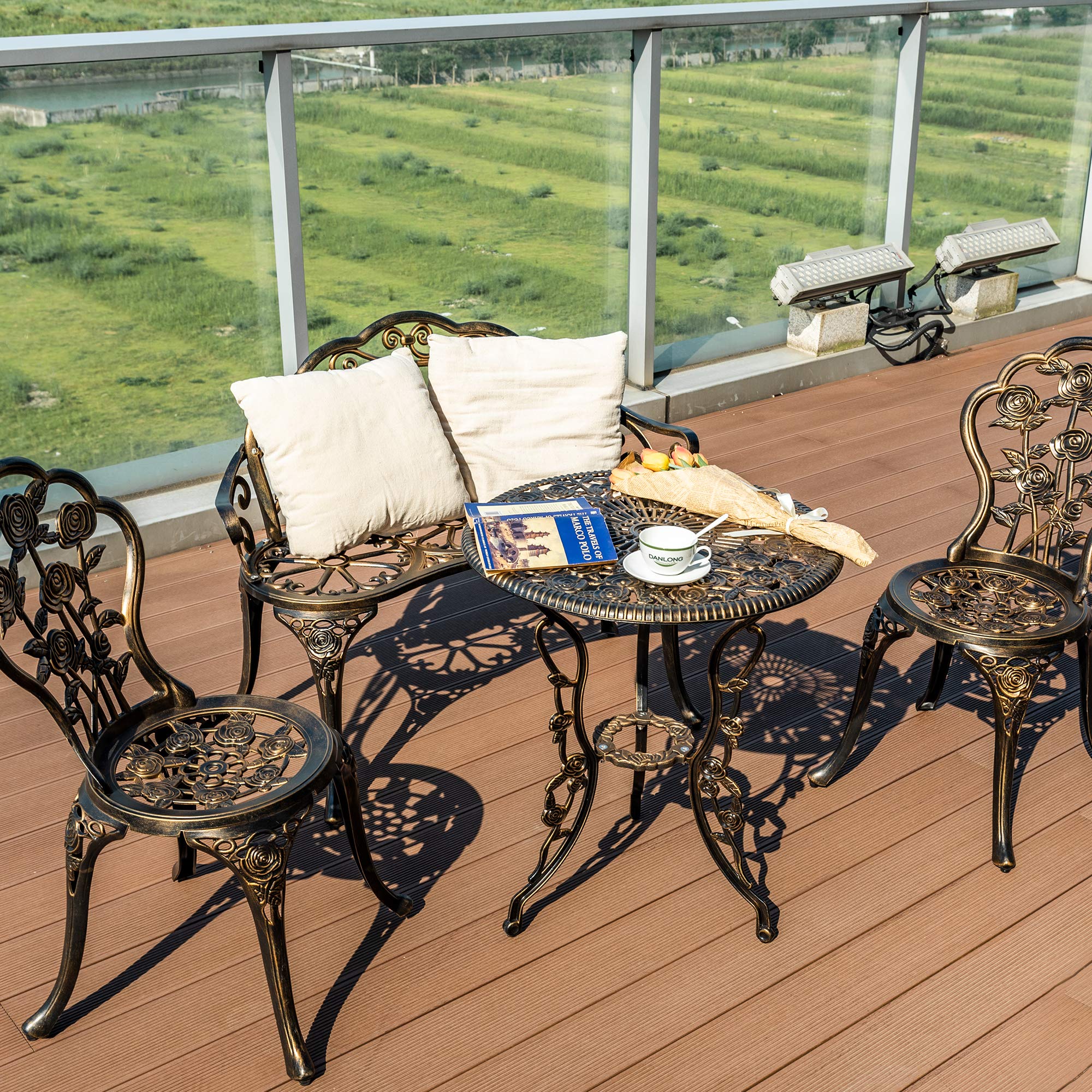 Cast Aluminum Bistro Set of 4, Patio Rose Table and Chair Set
