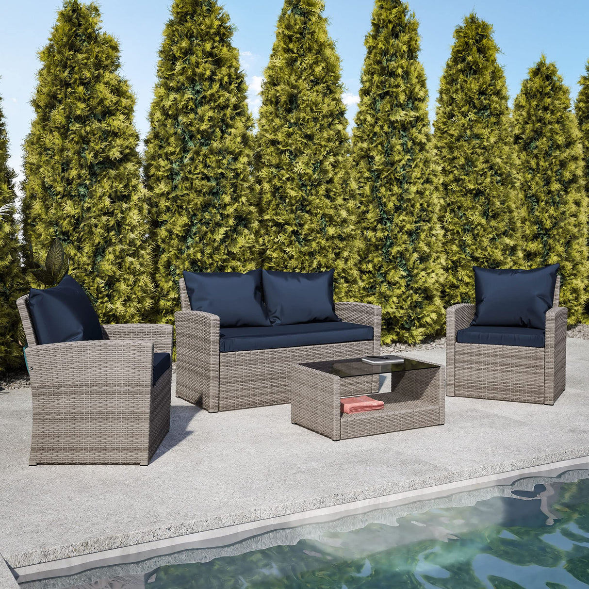 Aransas Series 4 Piece Light Gray Patio Set with Navy Back Pillows and Seat Cushions