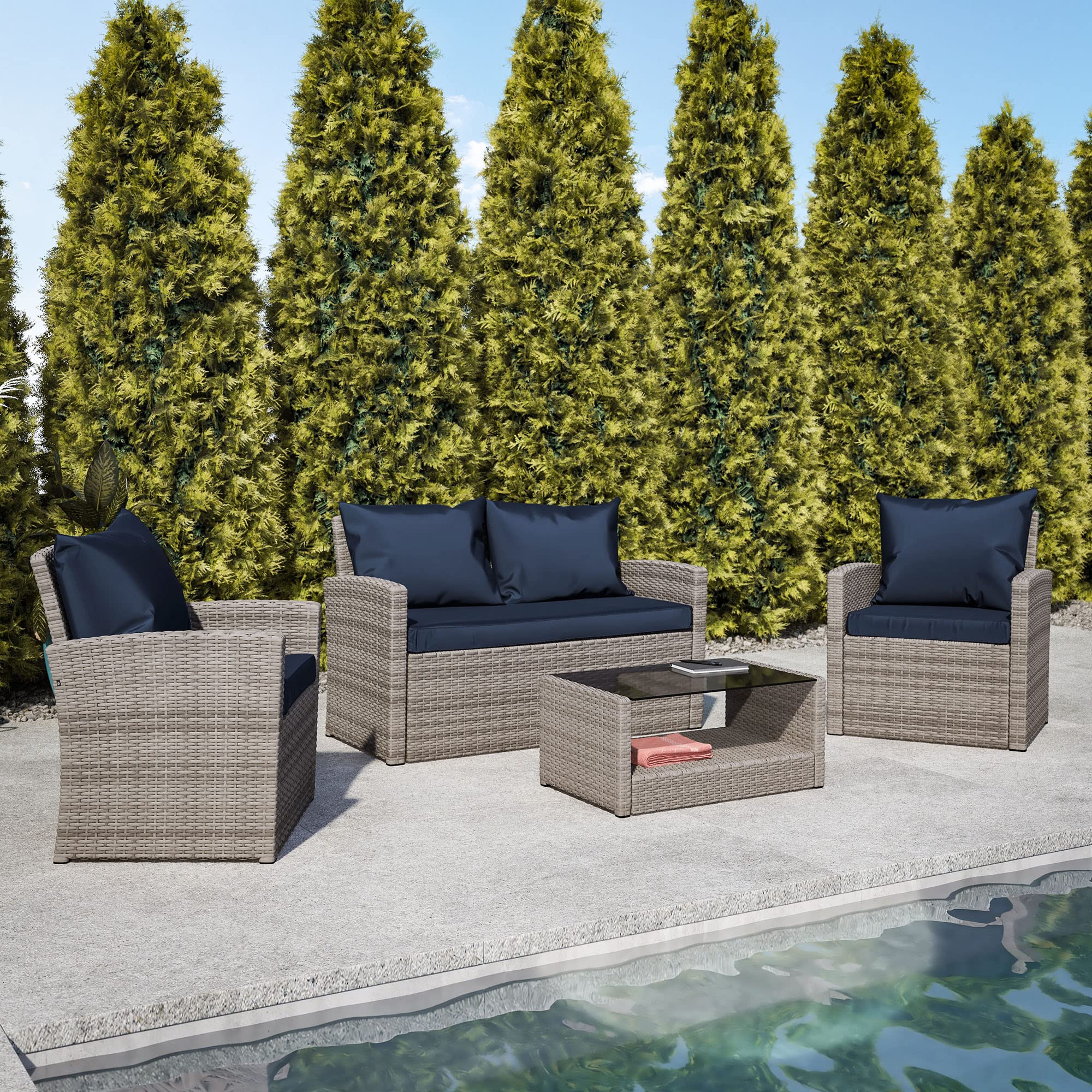 Aransas Series 4 Piece Light Gray Patio Set with Navy Back Pillows and Seat Cushions