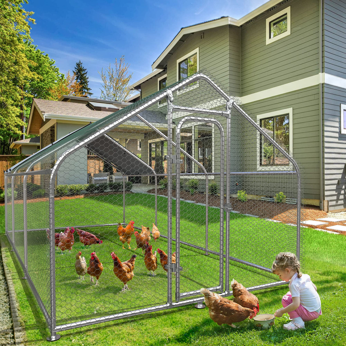 Large Metal Chicken Coop with Waterproof Cover, 19.68'L x 9.84'W x 6.49'H Walk-in