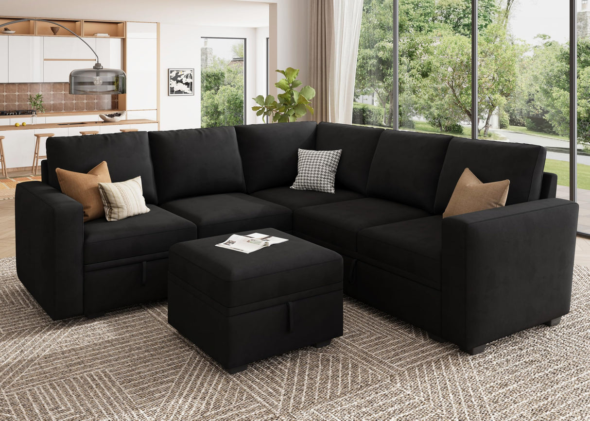 Modular Sectional Couch with Storage, Velvet U-Shaped Sectional Sofa with Storage