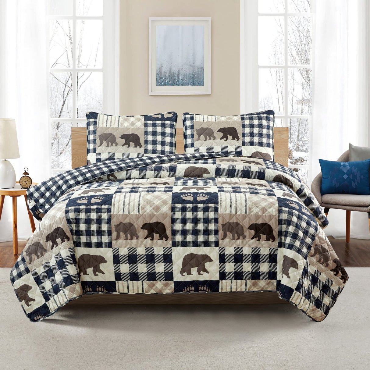 2 Piece Reversible Quilt Set with Sham | Twin Cabin Comforter Set | Rustic Bear