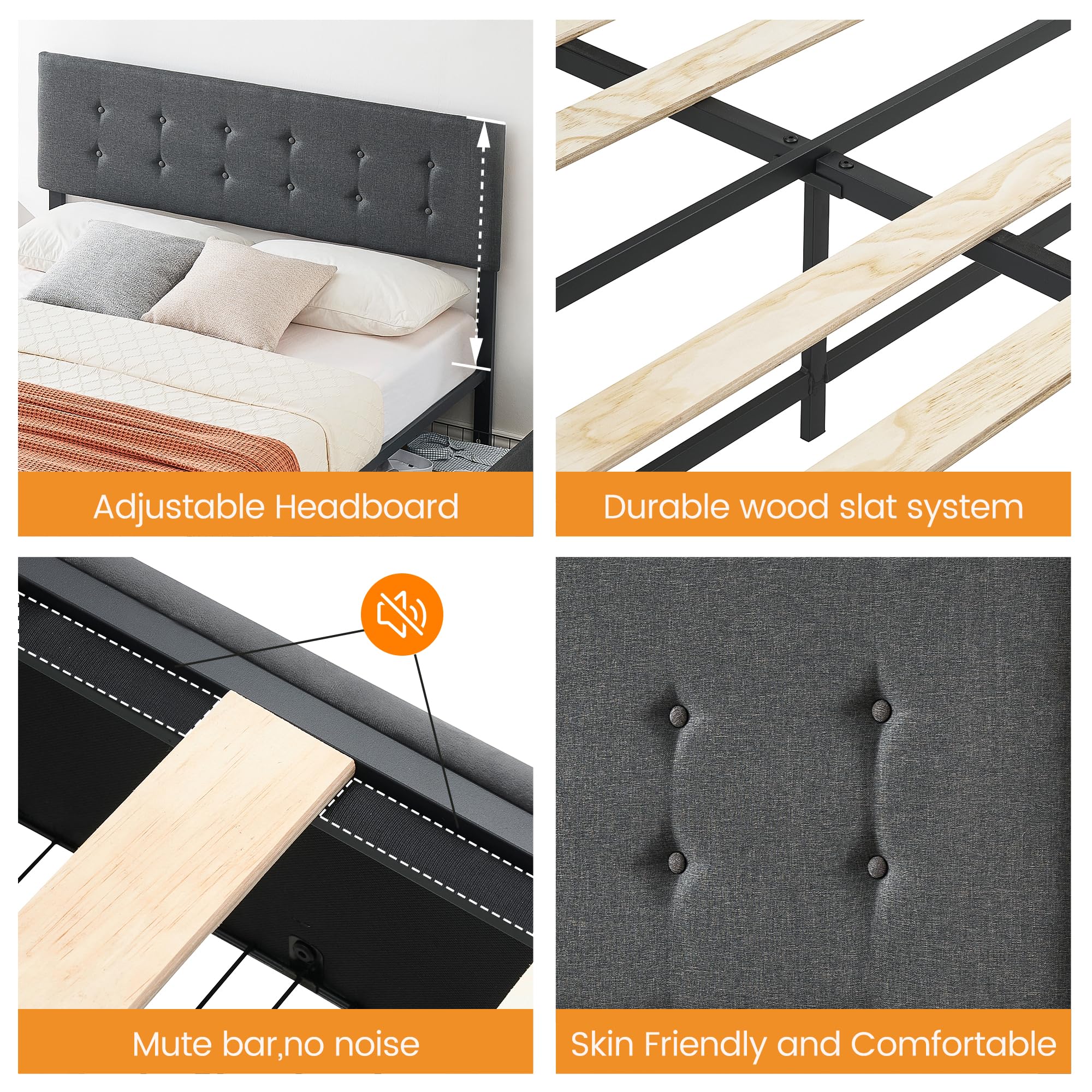 Queen Bed Frame with 4 Storage Drawers, Grey Tufted Design