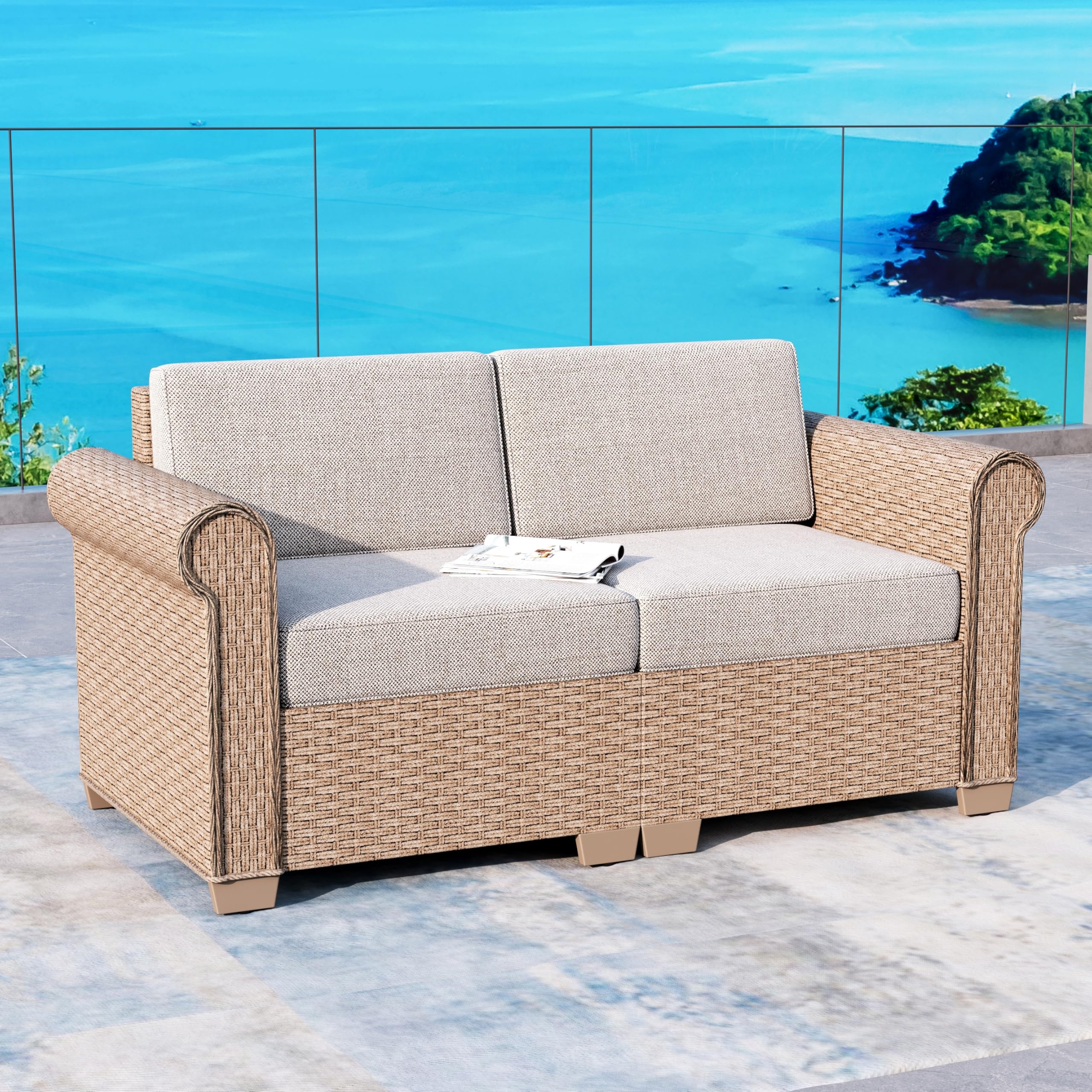 Patio Rattan loveseat, 2-Seat Wicker Rattan Sofa with 5.5" Thick Waterproof Cushions