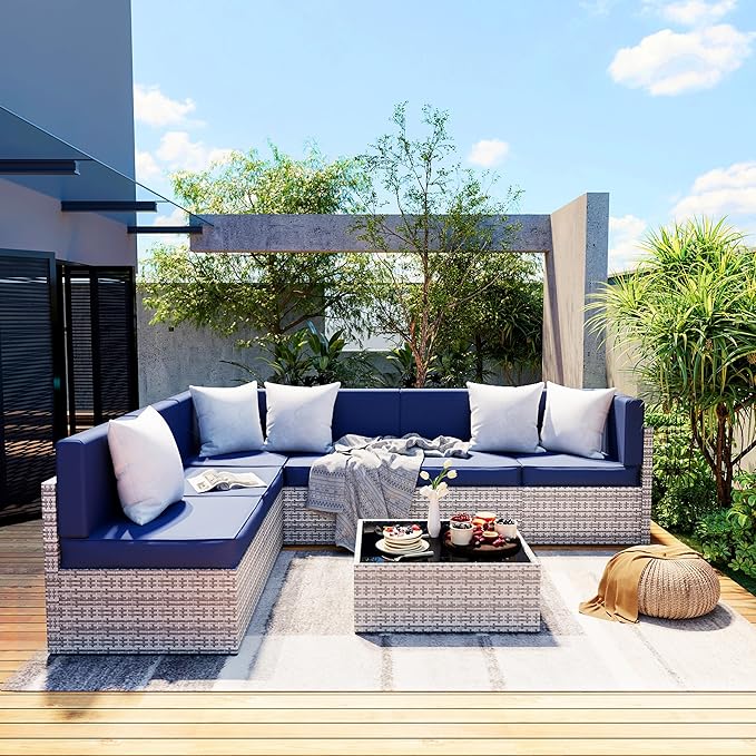7 Piece Modular Outdoor Sectional, UV Protection Rattan Patio Sectional with Coffee Table
