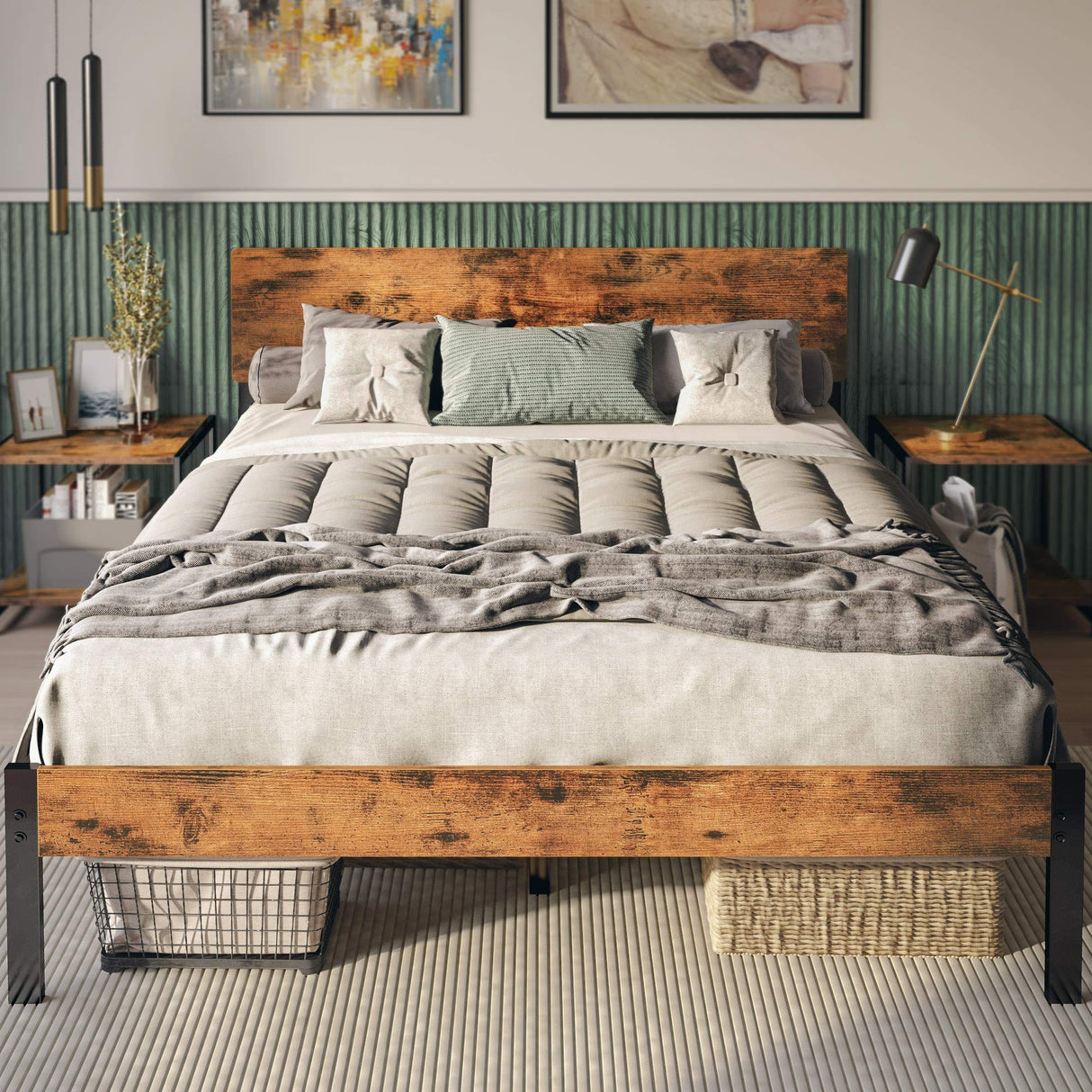 Queen Bed Frame with Headboard, Strong Steel Slat Support, Tool-Free Assembly,