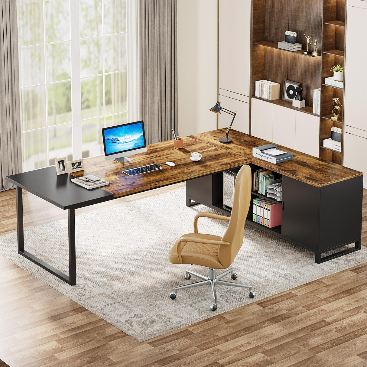 70.8" Executive Desk with 55" File Cabinet, Modern L Shaped Computer Desk