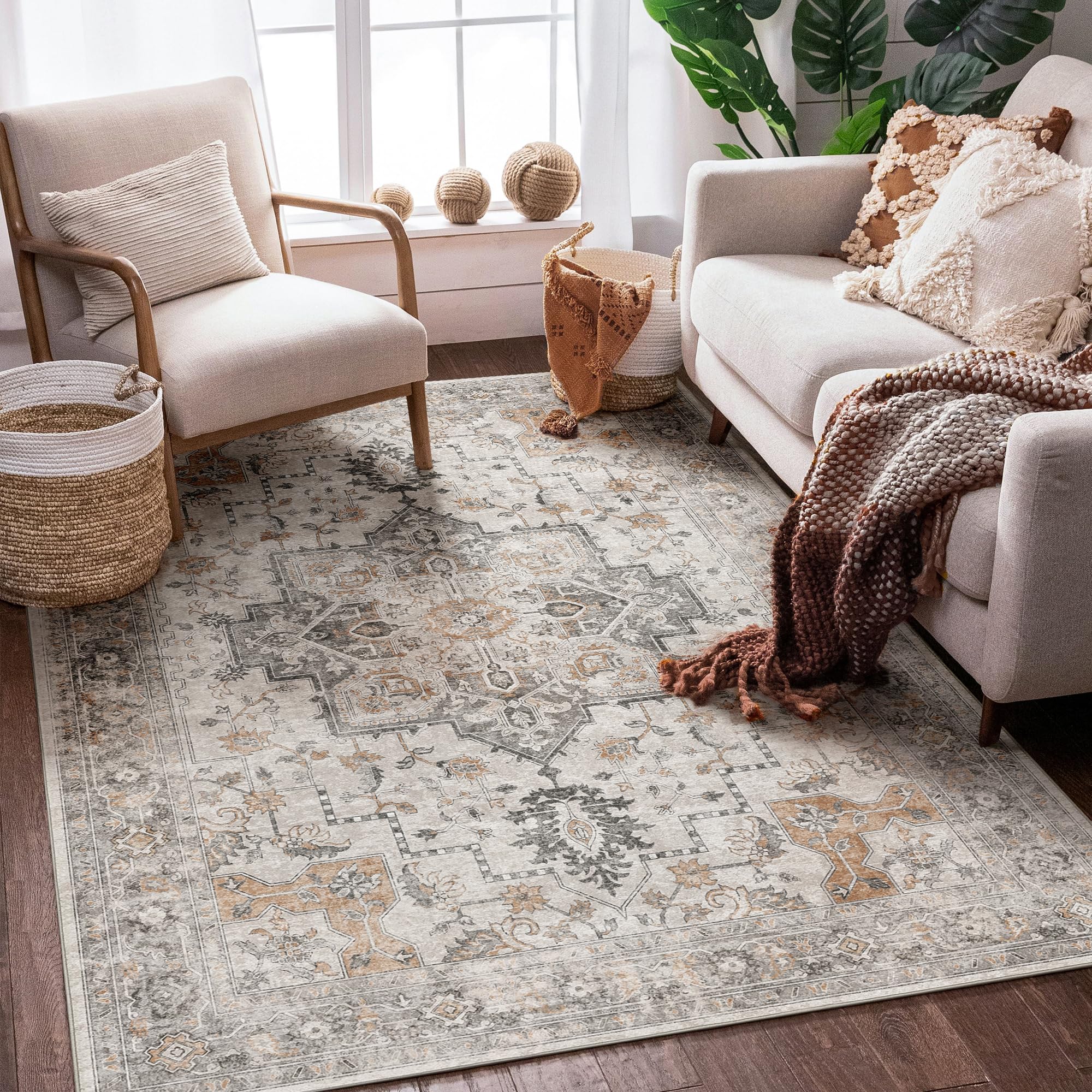 3x5 Area Rugs for Living Room, Machine Washable Non Slip Vintage Retro Rugs, Low Pile