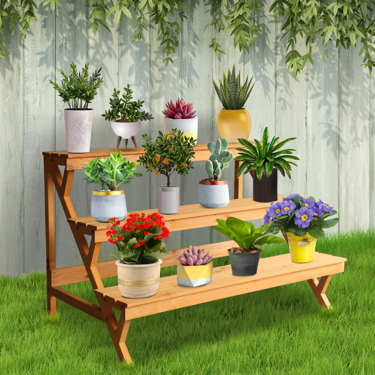 3 Tier Wood Plant Stand Indoor Outdoor, Ladder Large Multi Tiered Plant Holder