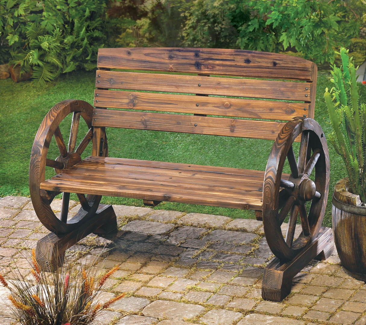 Rustic American Old West Outdoor Home & Garden Wooden Wagon Wheel Bench