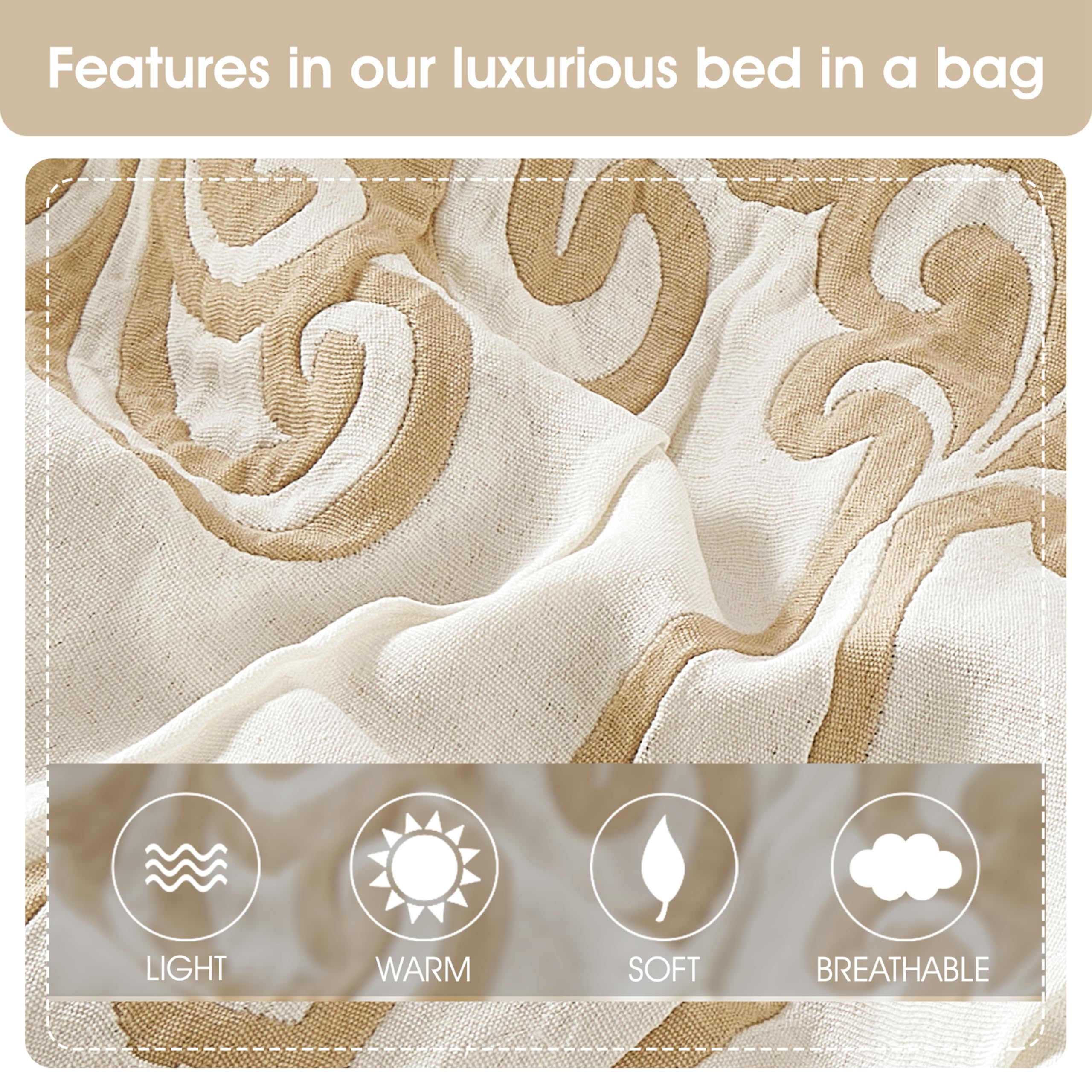 Beige and Gold Jacquard Floral Comforter Set - Queen Size 9 Piece