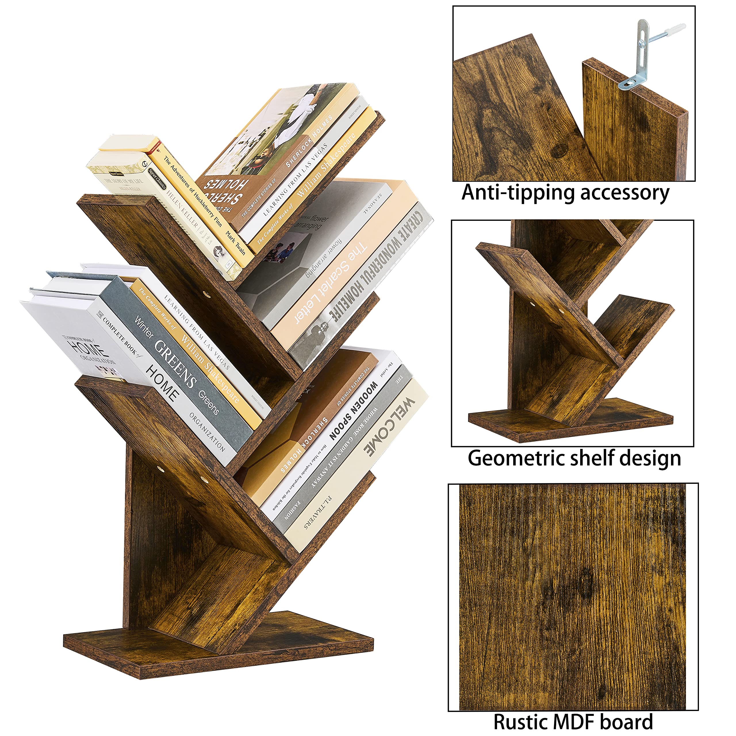 4-Tier Tree Bookshelf – Space-Saving Wooden Bookcase for Modern Storage
