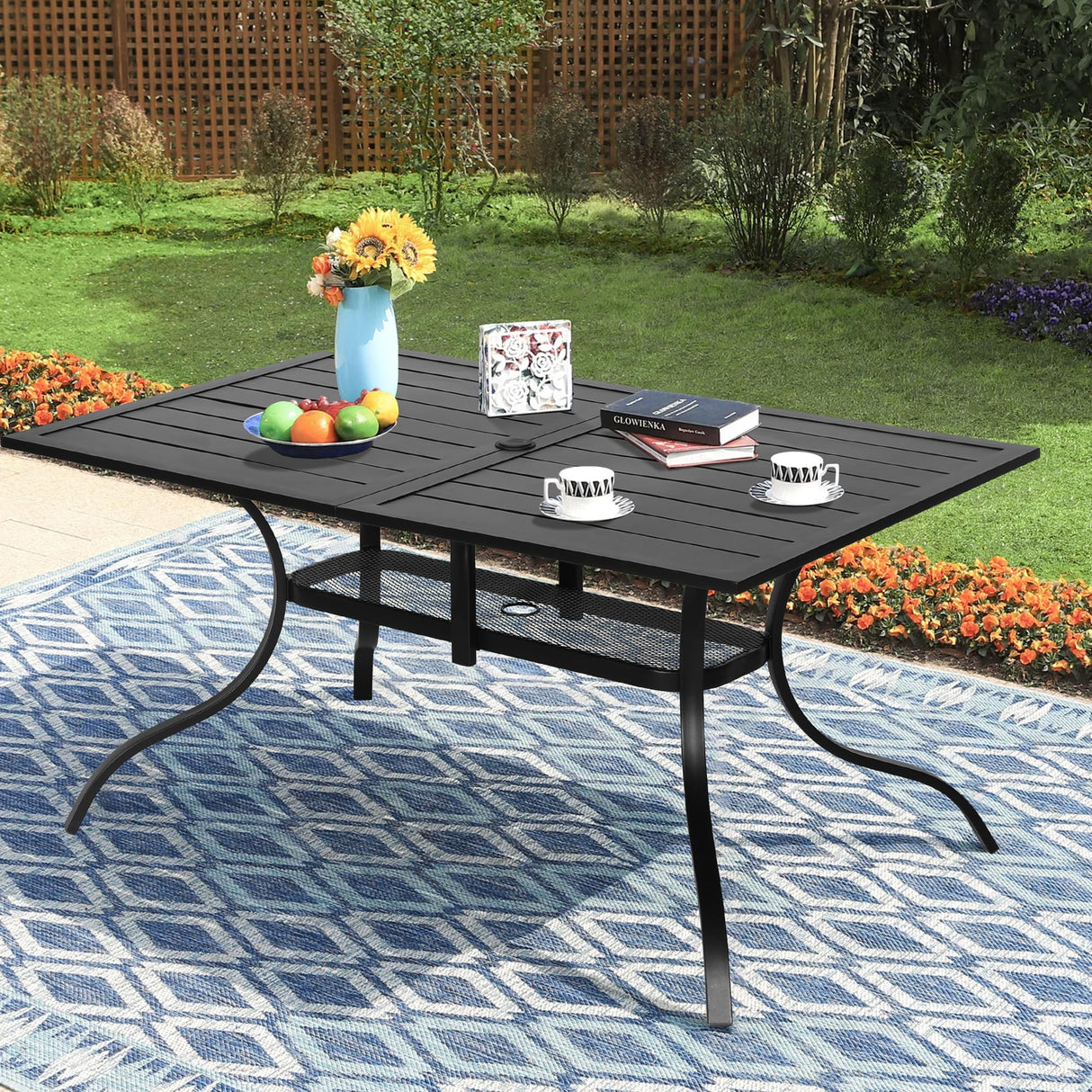 Patio Dining Table, 60" x 37" Rectangle Metal Steel Slat Table