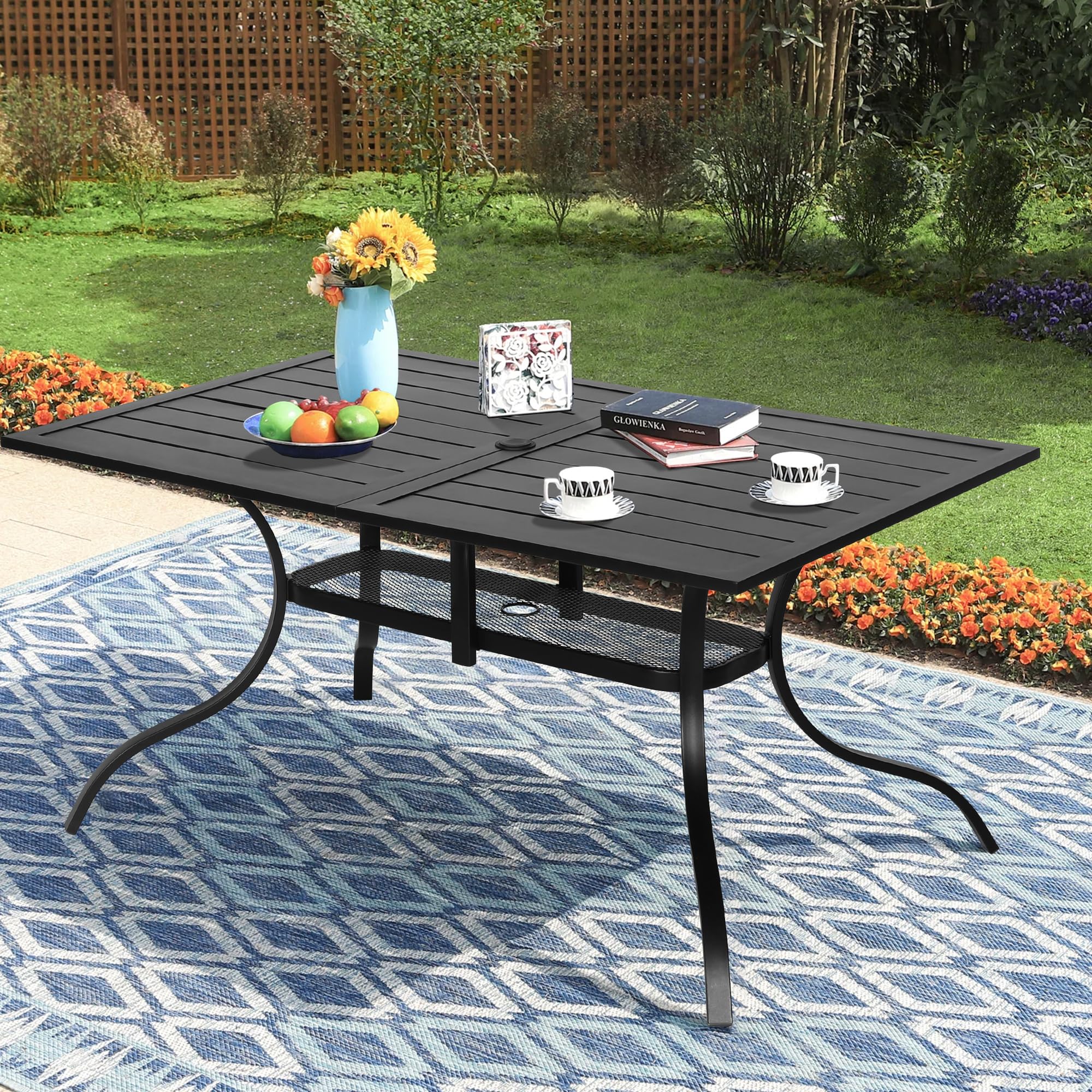 Patio Dining Table, 60" x 37" Rectangle Metal Steel Slat Table