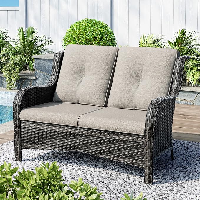 Patio Sofa Wicker 2-Seat Outdoor Couch with Deep Seating, High Back