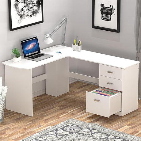 L-Shaped Home Office Wood Corner Desk with 3 Drawers, Oak