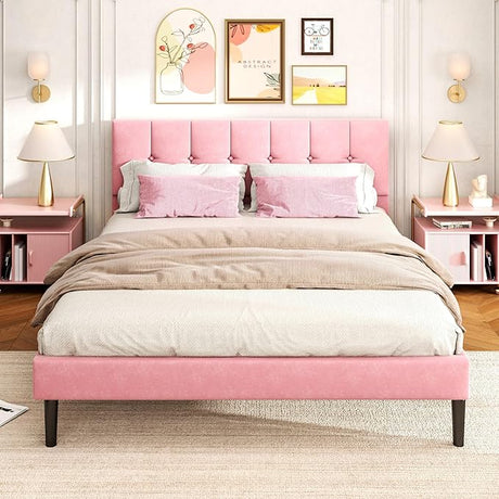 Full Size Bed Frame, Platform Beds with Upholstered Headboard, Mattress Foundation with Wooden Slats Support,