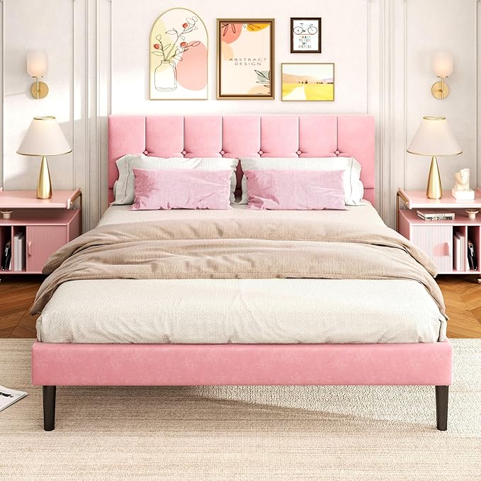 Full Size Bed Frame, Platform Beds with Upholstered Headboard