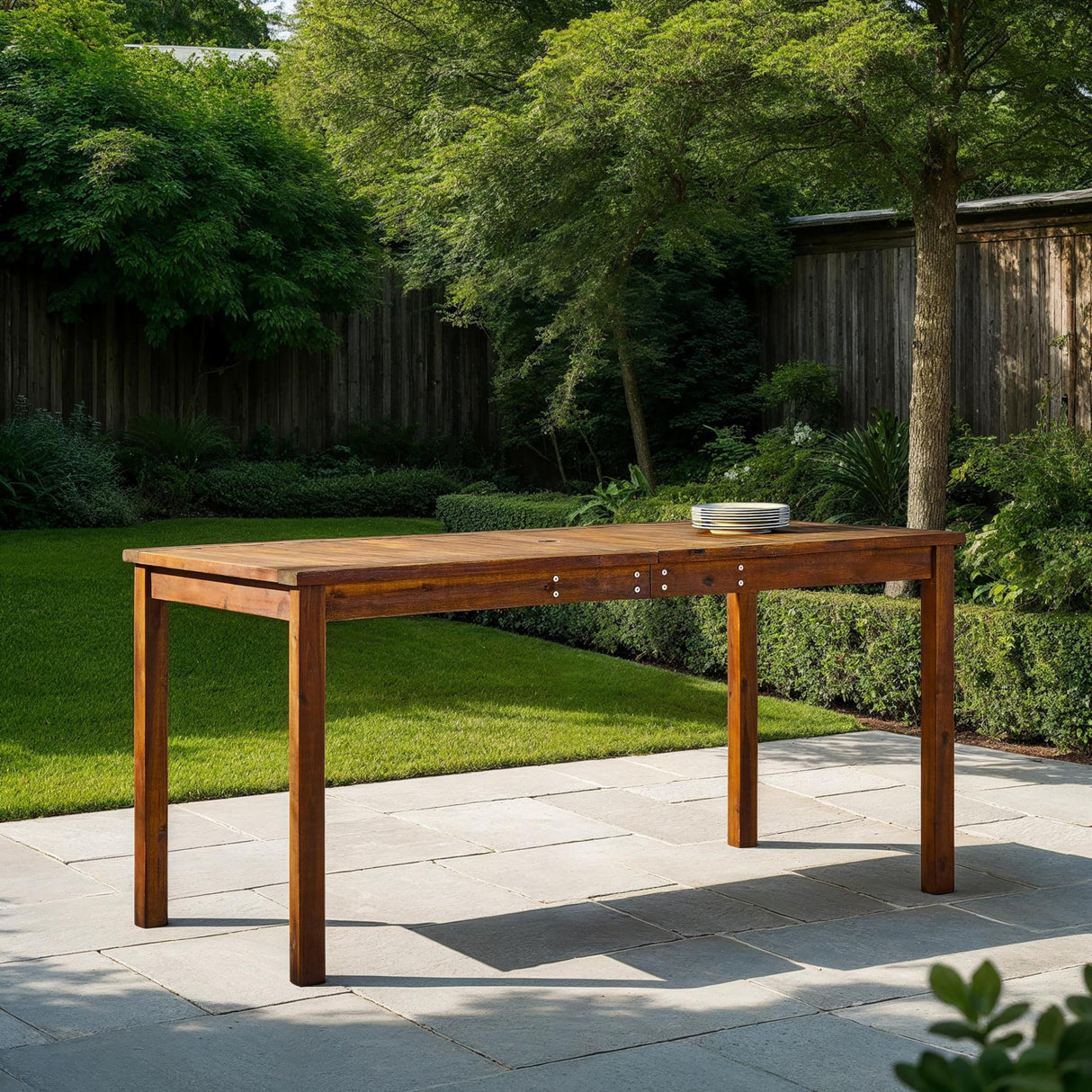Dominica Contemporary Slatted Outdoor Dining Table, 34 Inch, Dark Brown