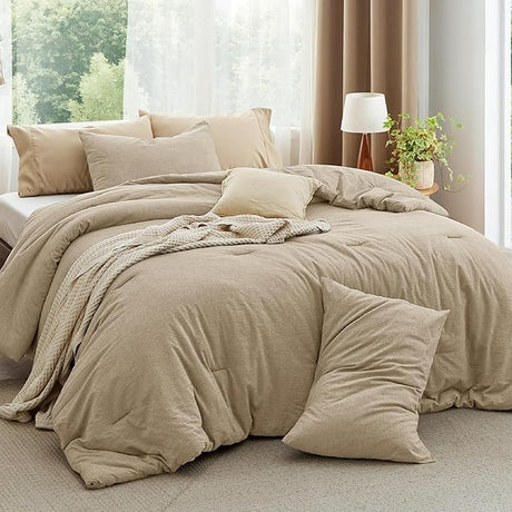 Comforter Set Queen Size Taupe - Cotton Fabric with Microfiber Inner Fill, Queen Comforter Set for All Seasons, 3 Pieces, 1 Comforter (90"x90") and 2 Pillow Cases (20"x26")