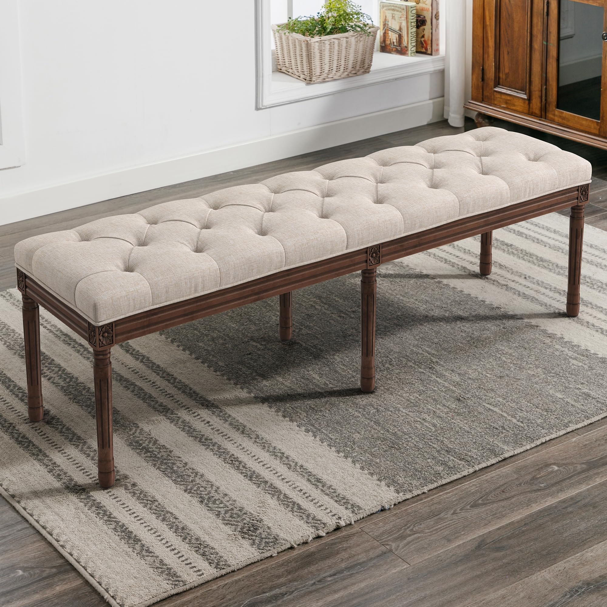 60" Bedroom Bench, Vintage French Tufted End of Bed Bench