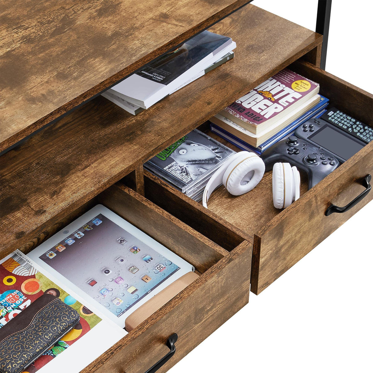 43.5" Coffee Table with Storage Drawers and Open Shelf, Mid-Century Retro Wood Coffee