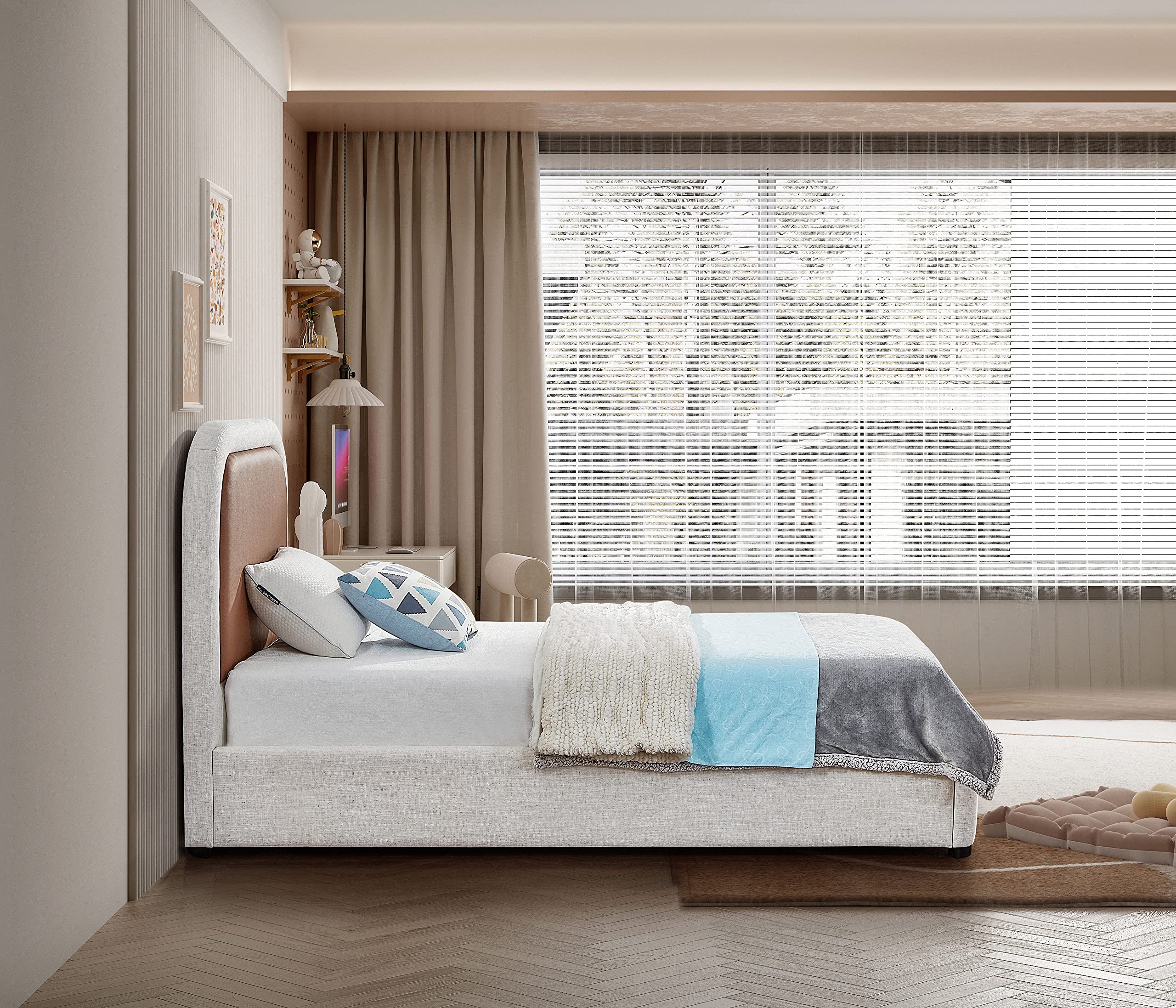 Blake Collection Modern | Contemporary Twin Bed with Soft Brown Vegan Leather, Rich