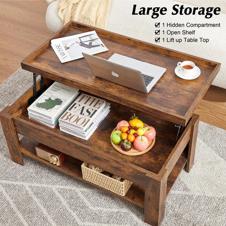 Lift Top Coffee Table with Storage Shelf and Hidden Compartment