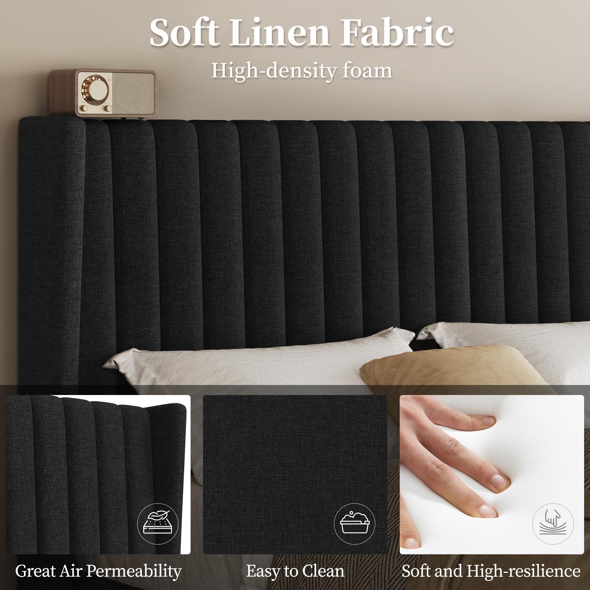 Queen Upholstered Platform Bed Frame with Fabric Headboard - Black