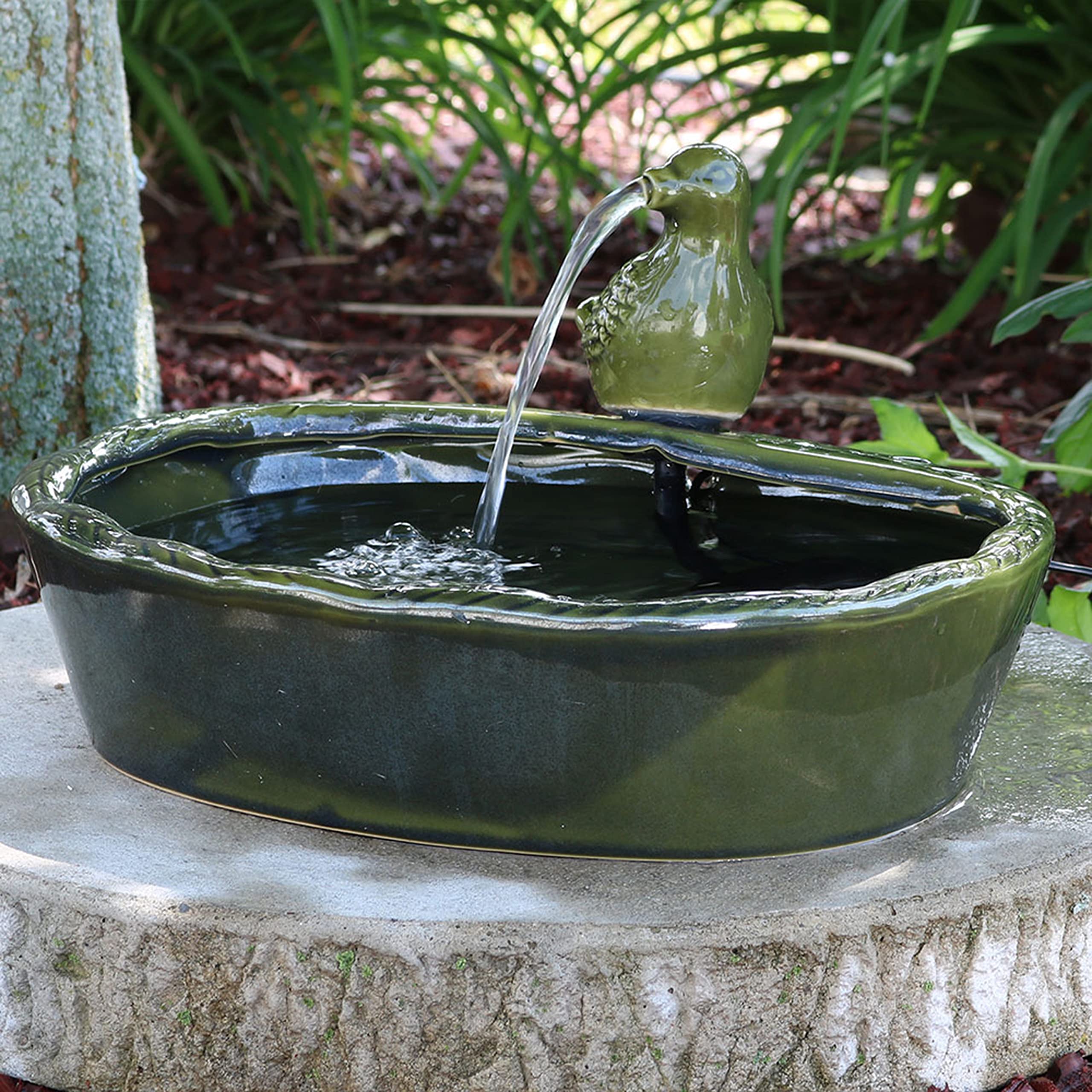 Ceramic Dove 7-Inch Solar-Powered Water Fountain - Green Glaze - Low-Voltage