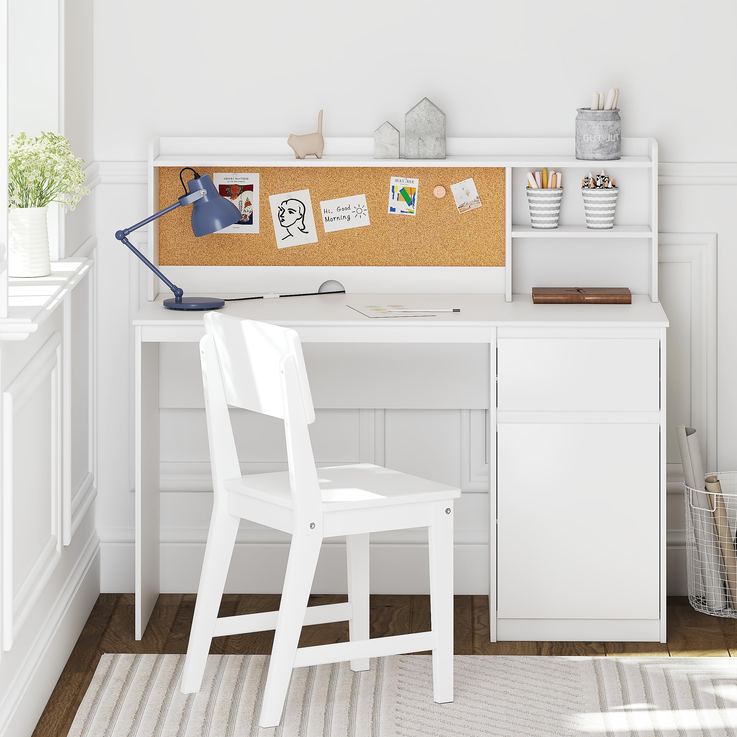 Study Desk with Chair, Kids Desk and Chair Sets with Hutch and Storage Cabinet, Wooden Children Study Table, Student Writing Desk Computer Workstation for 5-12 Years Old