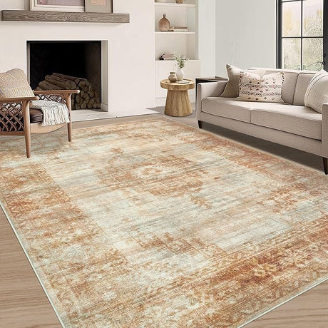 Living Room Area Rug - 9x12 Large Machine Washable Boho Moroccan Distressed Farmhouse Rugs