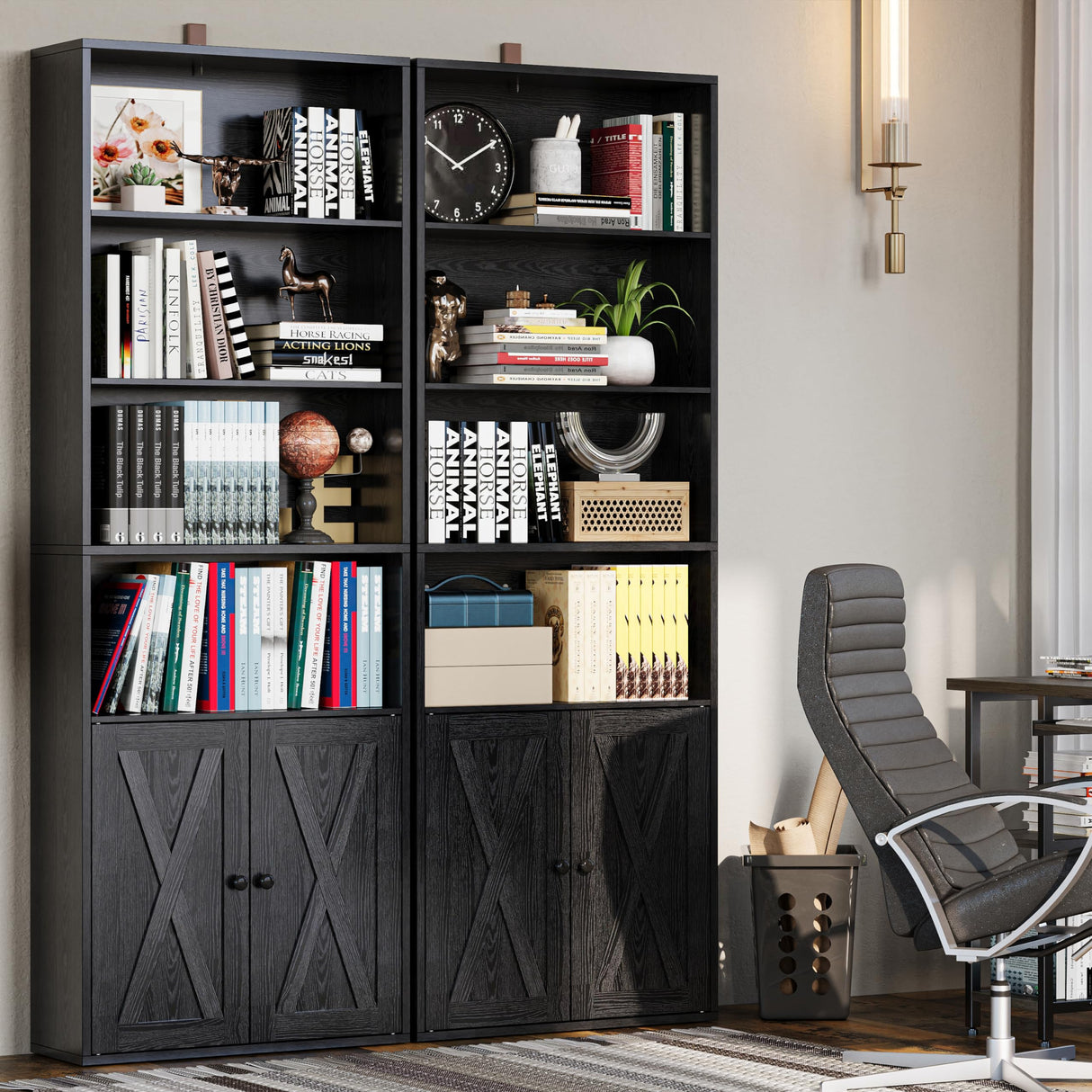 Industrial Bookshelves and Bookcases with Doors Set of 2 Floor Standing 6 Shelf