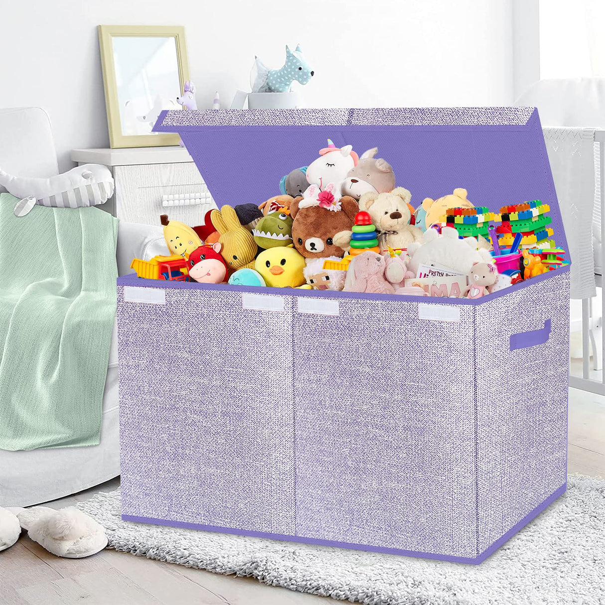 Pantryily Toy Storage Bins,Large Toy Box Chest with Lids,Foldable Stuffed Animal Toy Organizers and Storage with Sturdy Handles for Kids,Girls,Boys,Nursery,Playroom 24.5"x13"x16" (Purple)