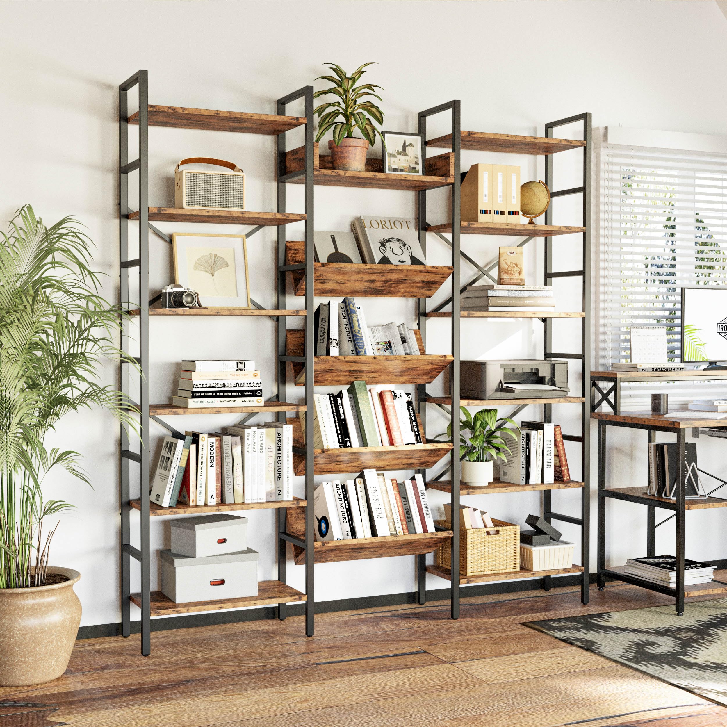 Industrial Bookshelves 6 Tiers Triple Wide Bookshelf, Large Etagere Bookshelf Open