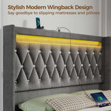 Rolanstar Full Bed Frame with LED Light and Charging Station, Upholstered High Headboard and Footboard, Wood Slats, Noise Free, Easy Assembly, Grey