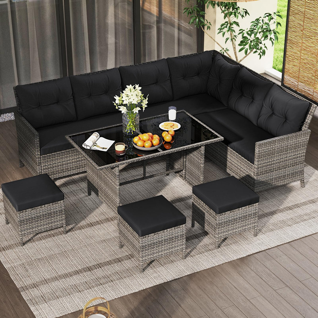 7 Pieces Patio Dining Furniture Set, Outdoor PE Rattan Sectional Sofa Set