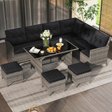 7 Pieces Patio Dining Furniture Set, Outdoor PE Rattan Sectional Sofa Set