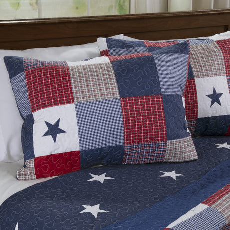 3-PC Caroline Patriotic Microfiber Americana Stars and Plaid Patchwork Blanket 2 Shams